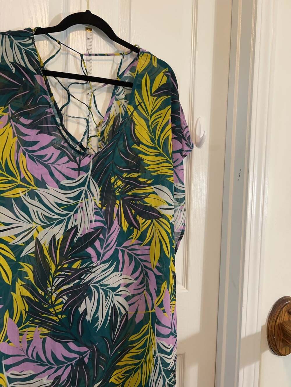 Tropical Leaf Lace-Up Swim Coverup - Green & Purple - Picture 3 of 7